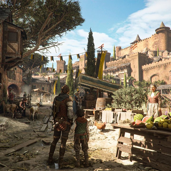 Amicia and Hugo stand in the center of a town in A Plague Tale: Requiem.