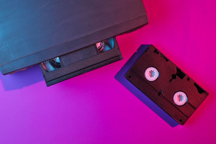 Video player with vhs cassette, neon light.