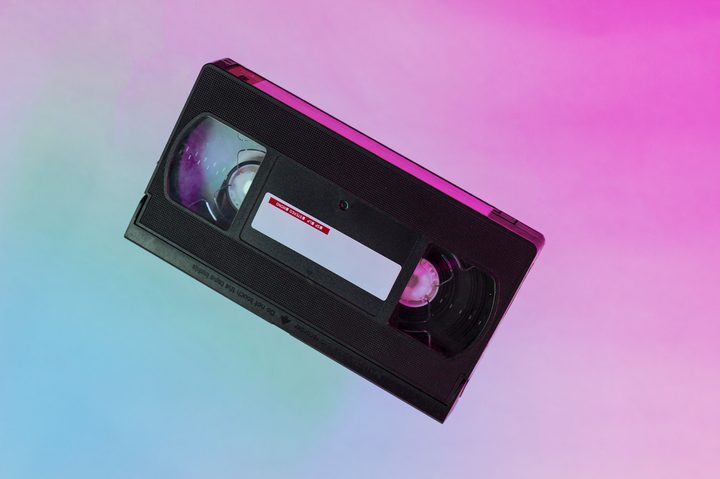 Vhs cassette in neon light.