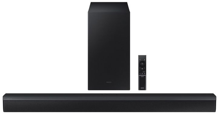 Samsung HW-B450 soundbar with remote and wireless subwoofer.