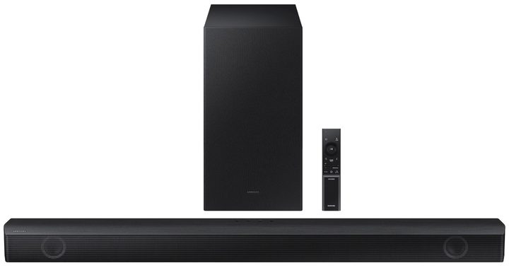Samsung HW-B550 soundbar with remote and wireless subwoofer.