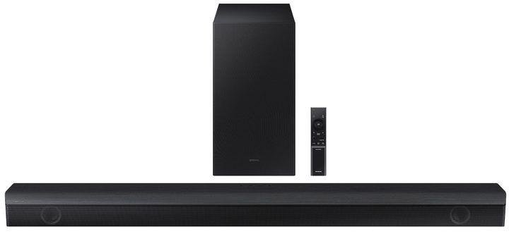 Samsung HW-B650 soundbar with remote and wireless subwoofer.