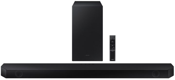Samsung HW-Q600B soundbar with remote and wireless subwoofer.