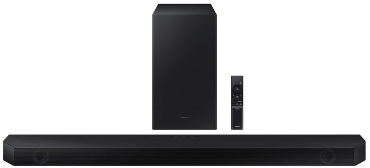 Samsung HW-Q60B soundbar with remote and wireless subwoofer.