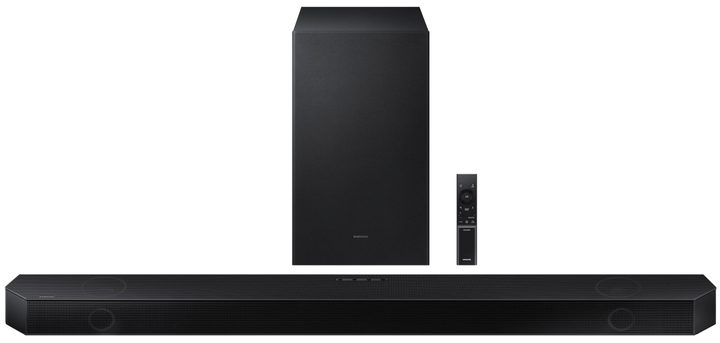 Samsung HW-Q700B soundbar with remote and wireless subwoofer.