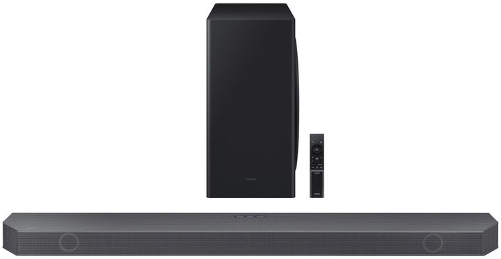 Samsung HW-Q800B soundbar with remote and wireless subwoofer.