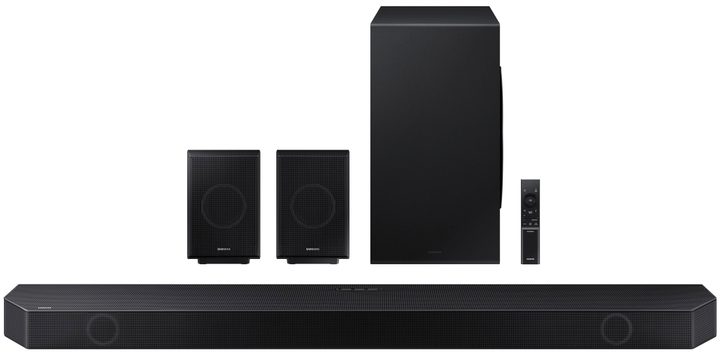 Samsung HW-Q900B soundbar with remote, rear speakers, and wireless subwoofer.