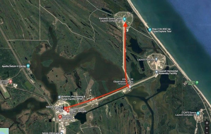 The route to be taken by the SLS rocket and Orion spacecraft to the launchpad.