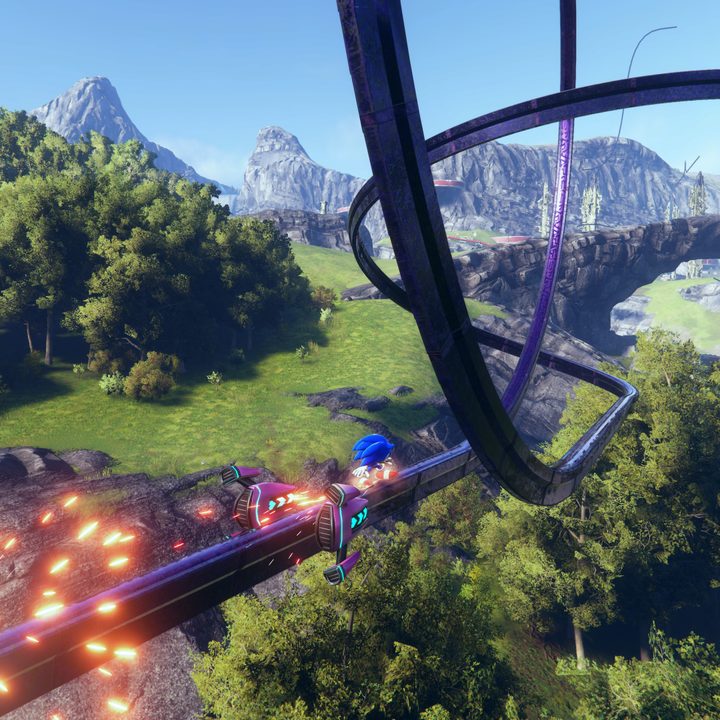 Sonic grinds on a rail in Sonic Frontiers.