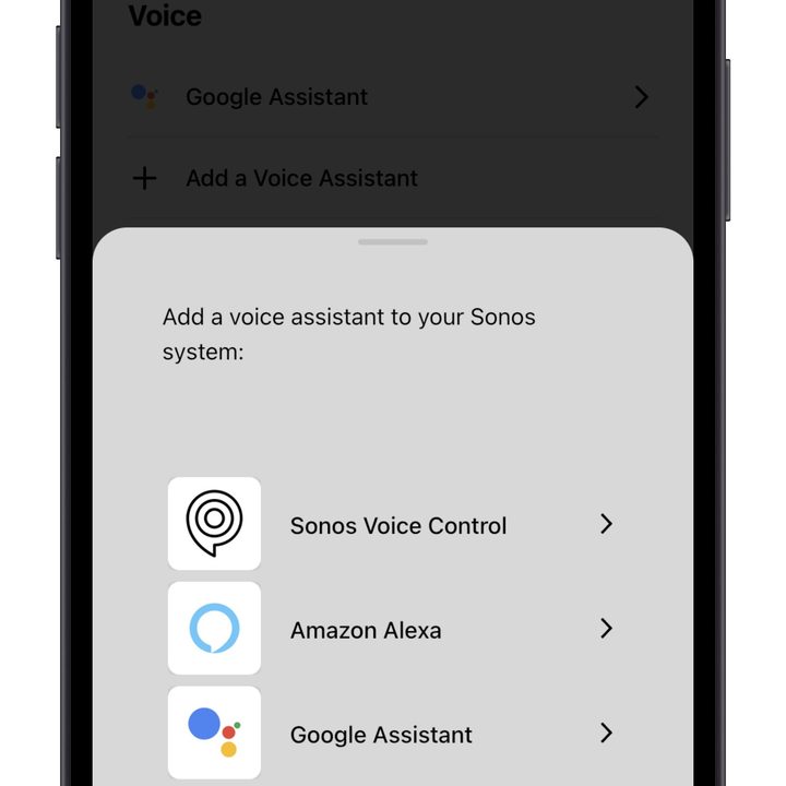 Sonos app showing add voice assistant screen,