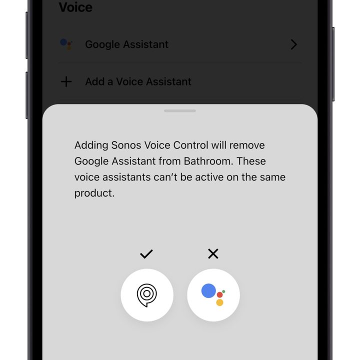 Sonos app showing incompatible assistant warning.