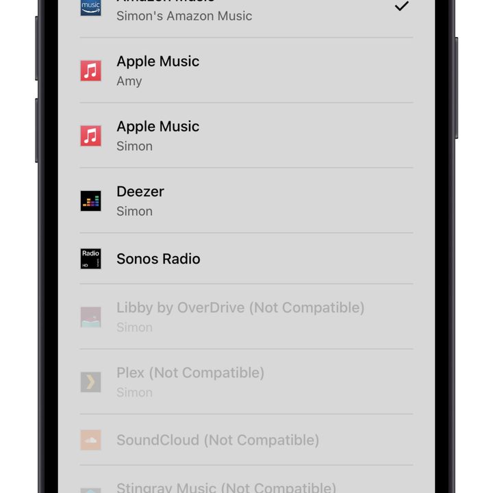 Sonos app showing default service screen.