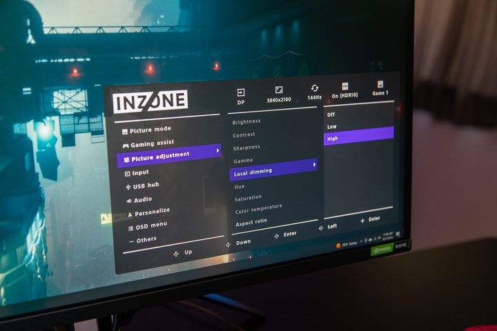Menu on the Sony InZone M9 monitor.