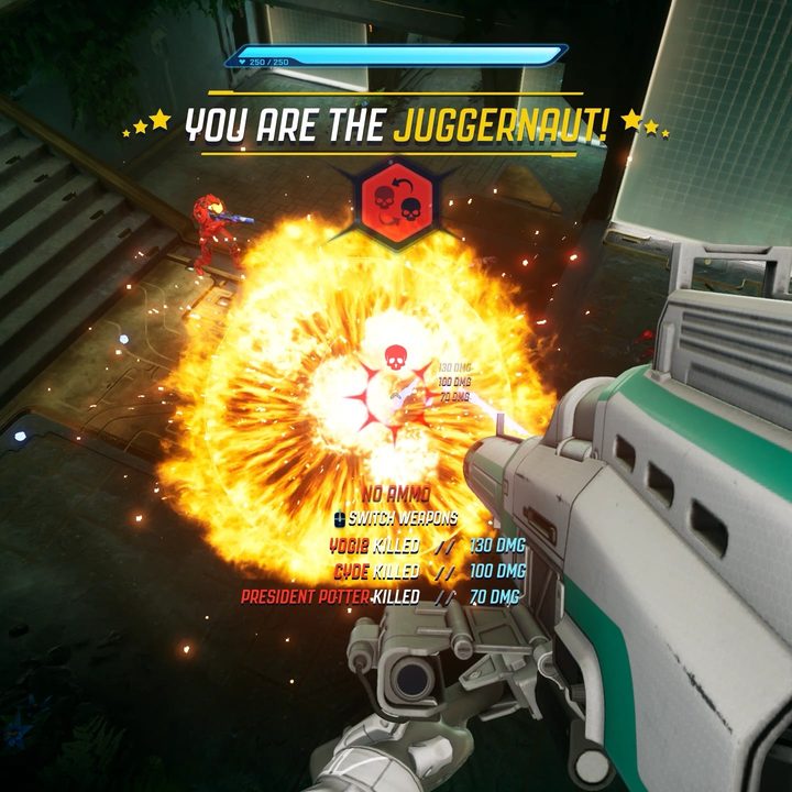 A SPlitgate character blows another up with a rocket.