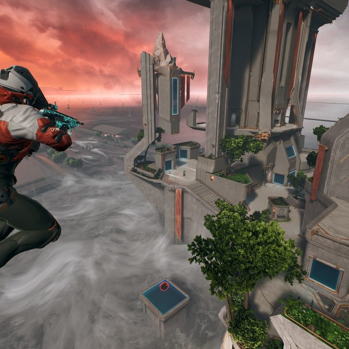 A Splitgate character jumps into the Abyss map.