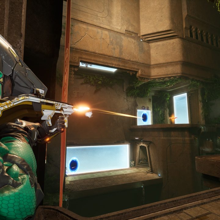 A Splitgate character shoots through a portal.