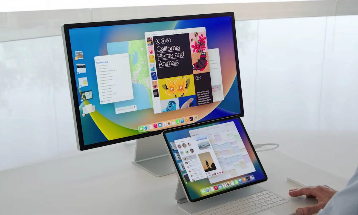 An iPad and an external display using Stage Manager in iPadOS 16.