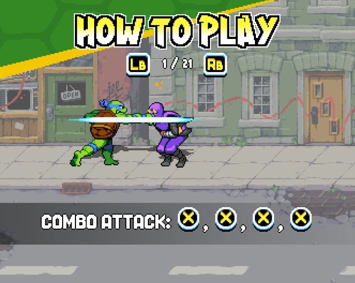 Leonardo hitting a foot ninja with a sword with the words "How to Play" and his combo attack buttons in the foreground.