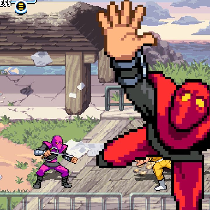 April O'Neil throwing a red foot ninja while a purple one approaches her.