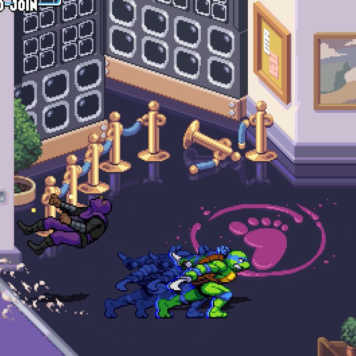 Leonardo doing a super dash attack on a foot ninja.