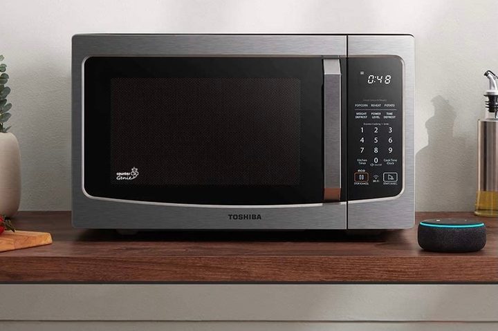 The Toshiba ML-EM34 Smart Microwave on a counter.