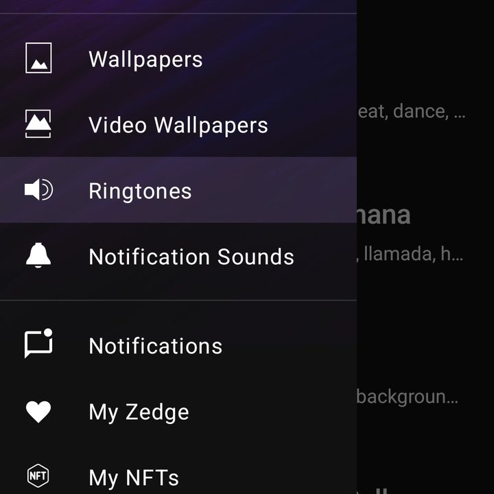 Zedge app menu.