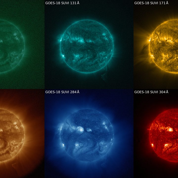 First images of the sun captured by GOES-18's SUVI Instrument on July 10, 2022, showing a coronal mass ejection at six different wavelengths.