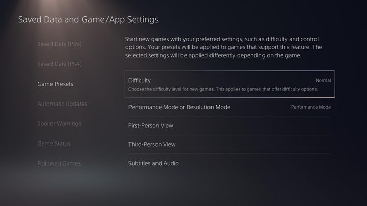 The PS5 game presets menu.