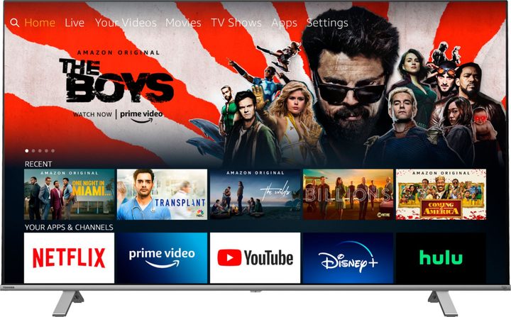 A Toshiba C350 Series LED 4K Smart TV displays streaming content.