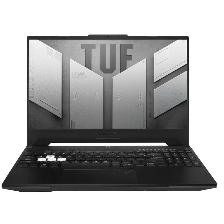 Asus TUF Dash 15 144Hz Gaming Laptop open and on product image.