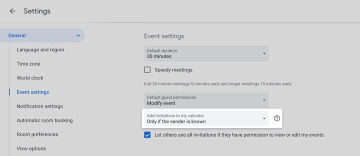The anti-spam setting in Google Calendar