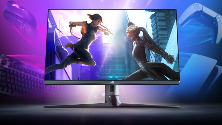 Asus ROG Strix XG32UG gaming monitor hero shot.