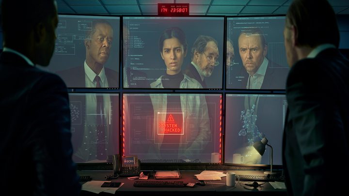 The cast of The Undeclared War populate on computer screens for the series poster.