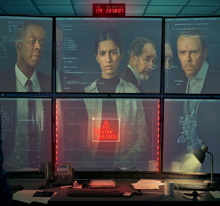 The cast of The Undeclared War populate on computer screens for the series poster.