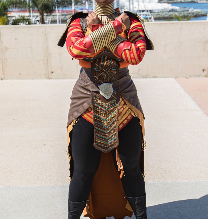 Cosplayer as Okoye from Black Panther at San Diego Comic-Con 2022.