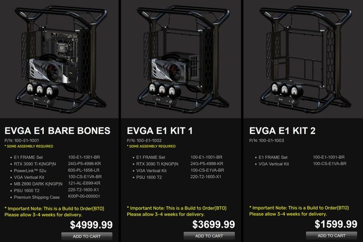 The pricing tiers for EVGA's E1 PC case kits.