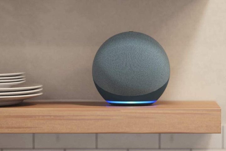 Echo Dot (4th Gen) on shelf in kitchen.