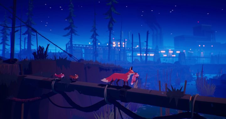 The fox carries a cub across a pipe as two other follow in Endling: Extinction is Forever.