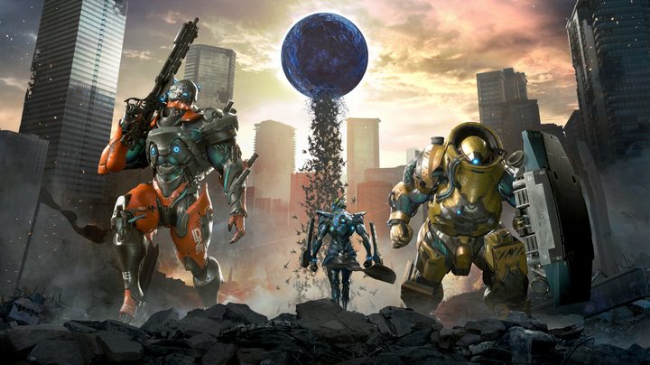 Exoprimal exosuits look at dinosaurs falling out of a portal.