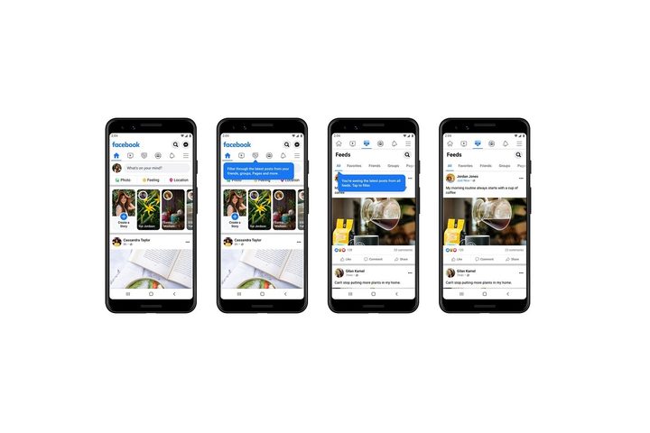 A series of four Android smartphones showing the new Facebook Feeds tab in action.
