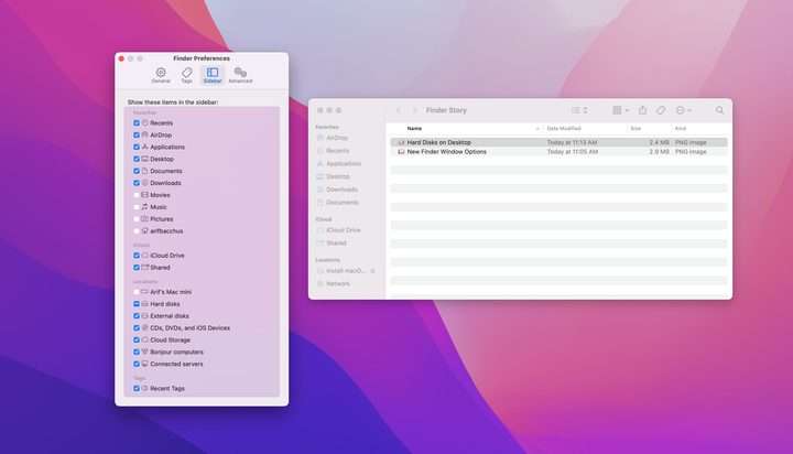 Sidebar options in the Finder
