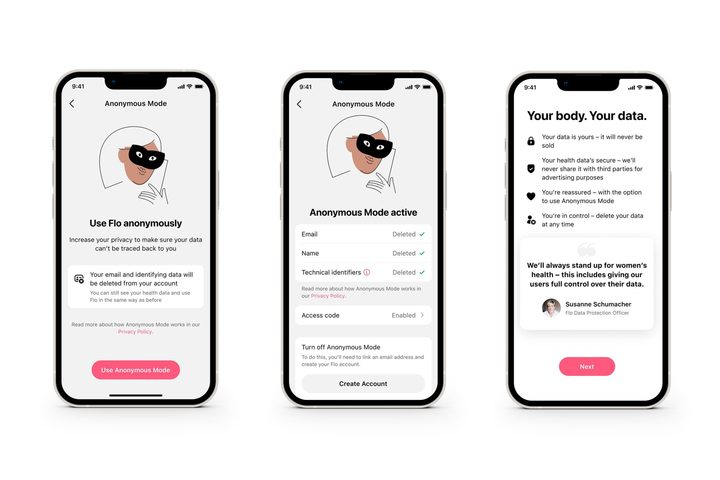 The Flo app is open on multiple phone screens to show how it will delete a user's information.