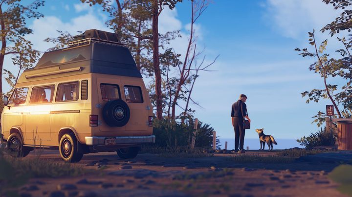 A man looks off a mountainside with a dog in Forever Ago.