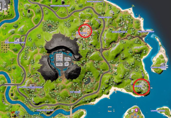 Map of Ruins and Temple in Fortnite.