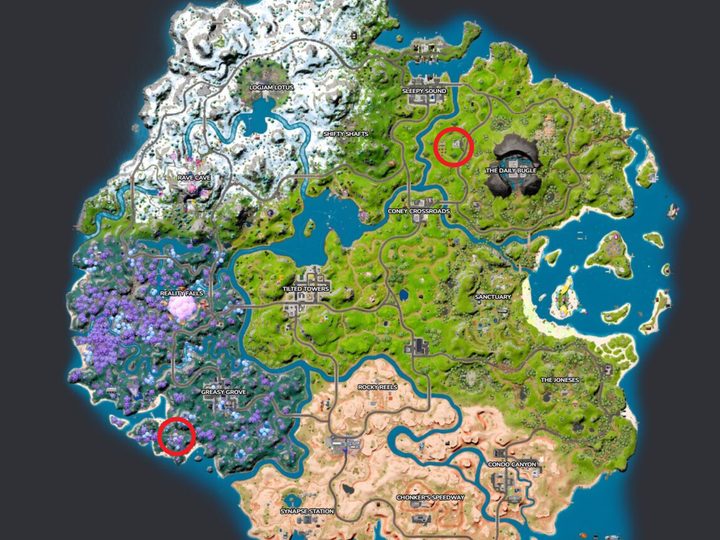 Map of Fungi Farm and Sunflower Saplings in Fortnite.