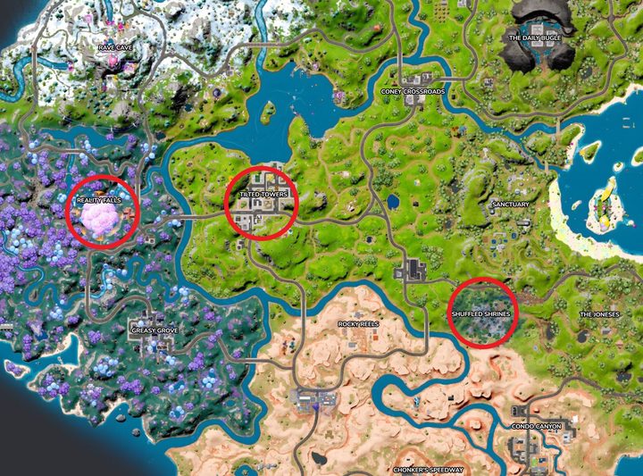 Map of Reality Falls, Tilted Towers, and Shuffled Shrines in Fortnite.