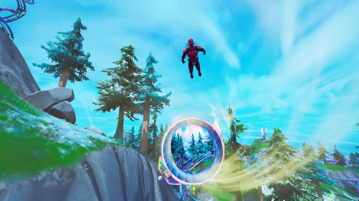 Character flying through Slipstream in Fortnite.