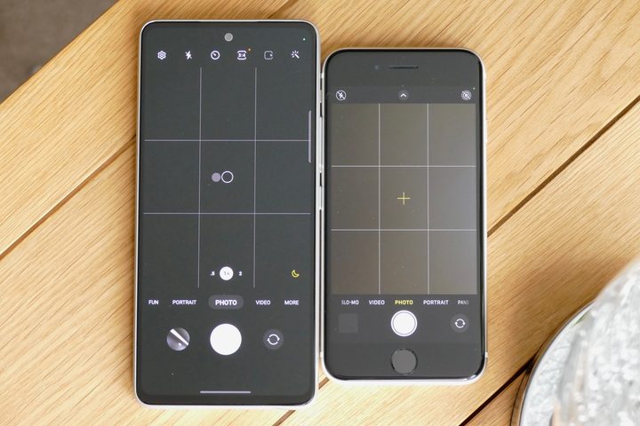 The Galaxy A53 and iPhone SE 2022's camera apps.