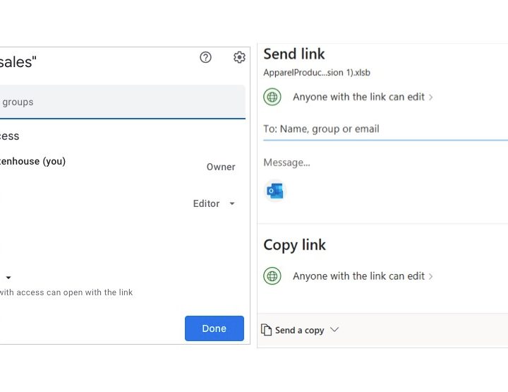 Google Sheets and Excel share options.