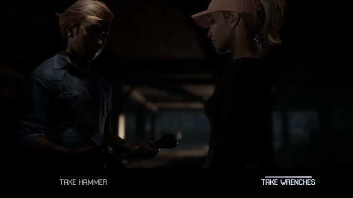 Characters are presented with a choice between a wrench and a hammer in a scene from The Quarry game.